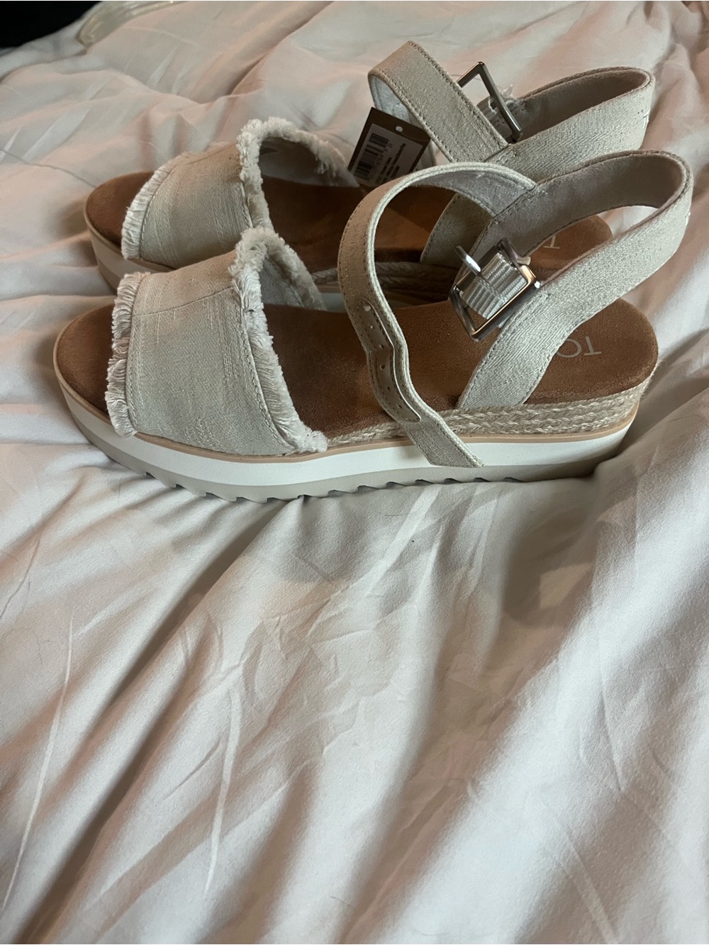 Toms White Canvas Wedge Sandals with Frayed Trim - Picture 3 of 4